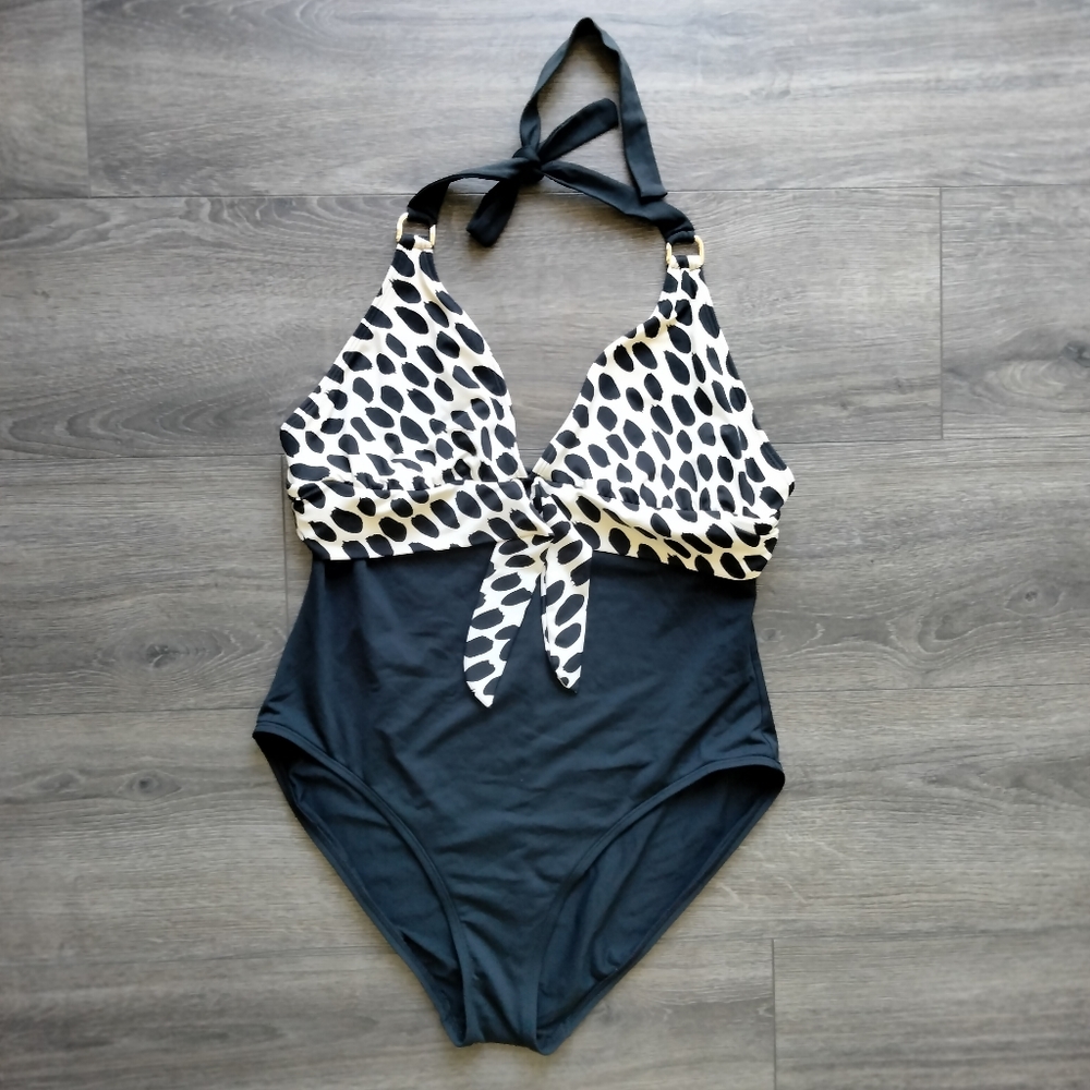 La Blanca by Rod Beattie Halter Black/Animal Print One Piece Swimsuit Size 16